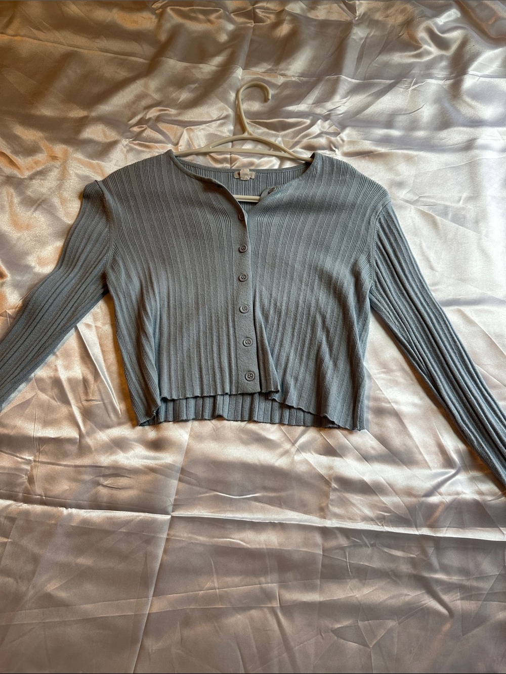Garage Cropped Ribbed Button-Front Cardigan -Light Blue